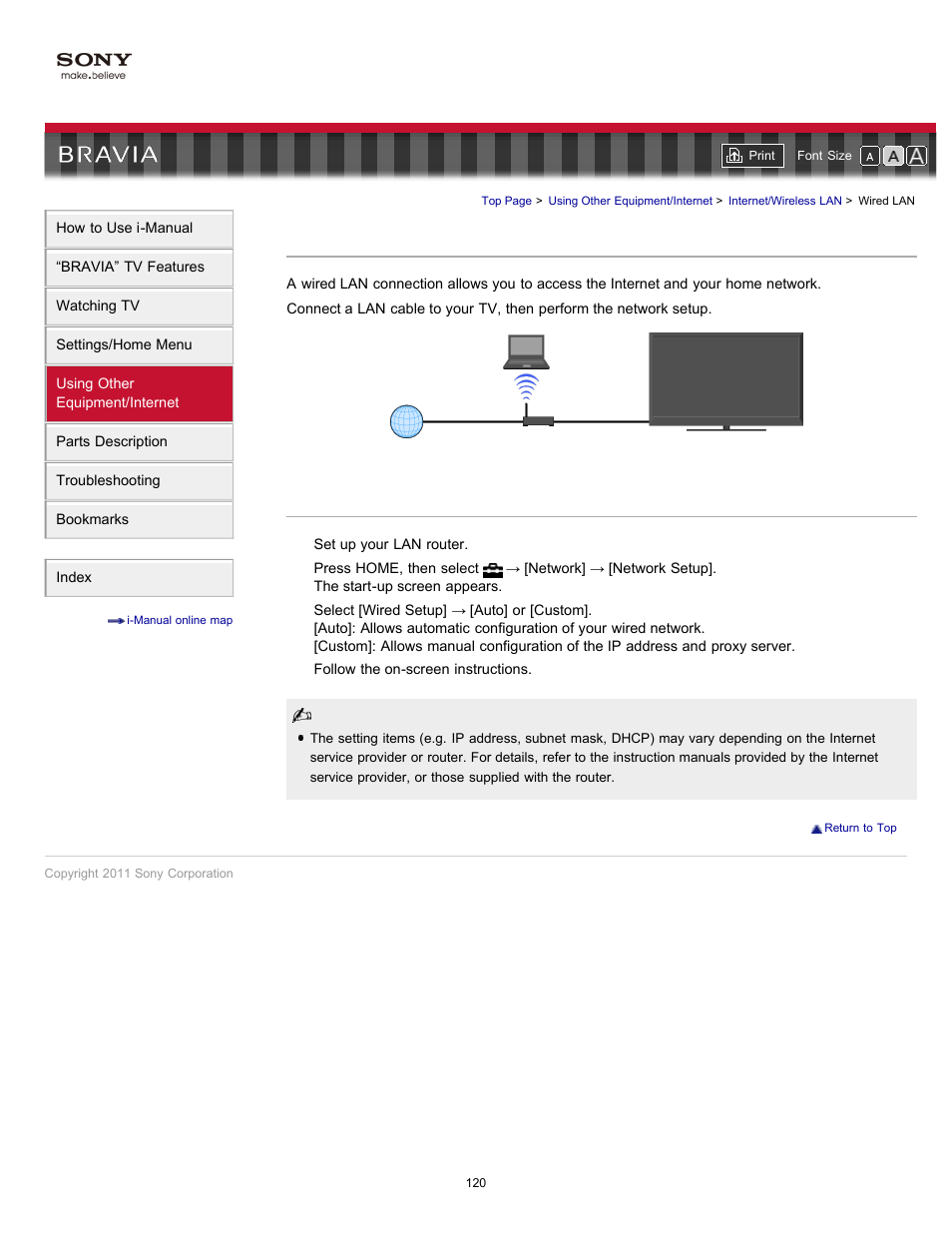 Wired lan | Sony 40EX621 User Manual | Page 120 / 158