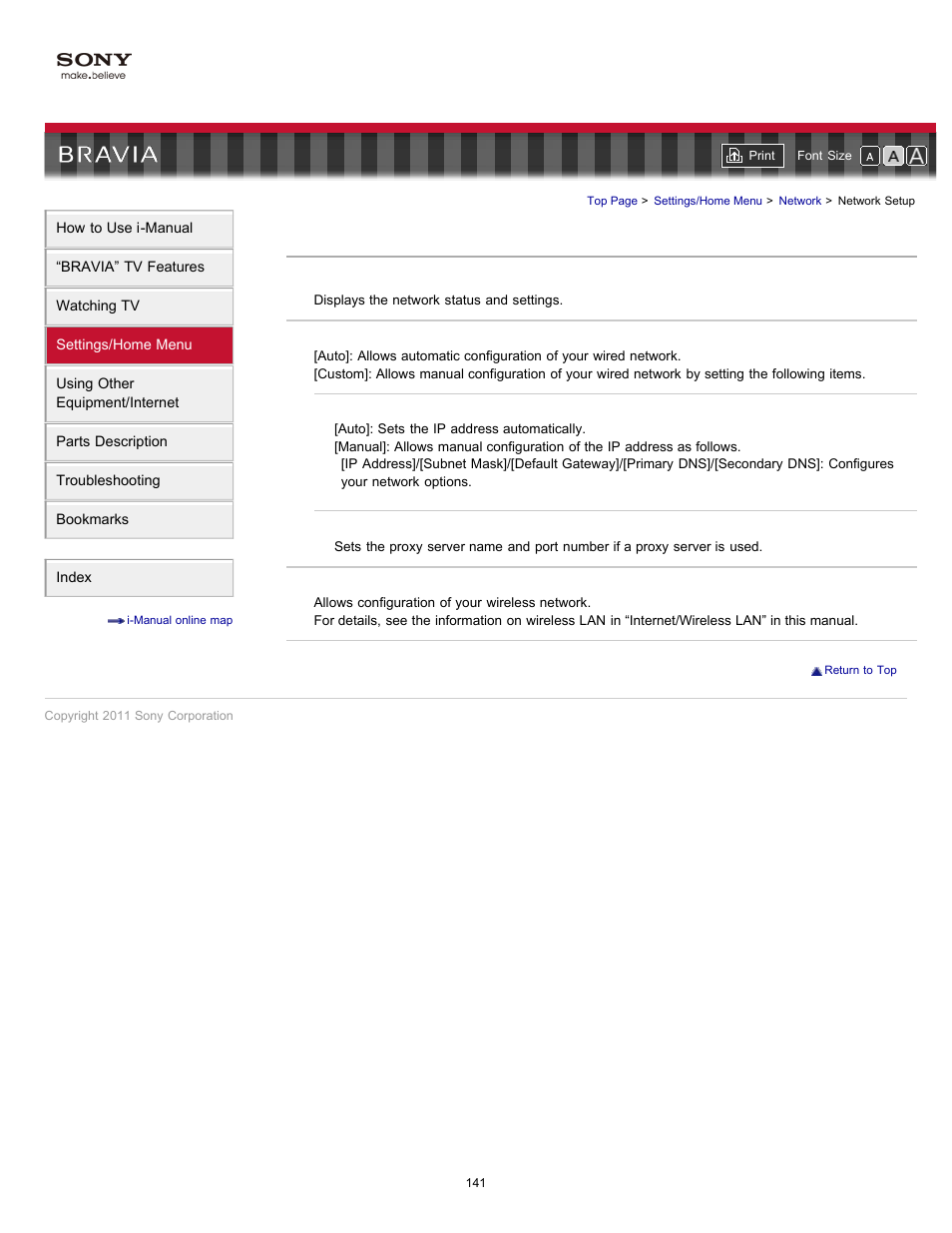 Network setup | Sony 40EX621 User Manual | Page 141 / 158