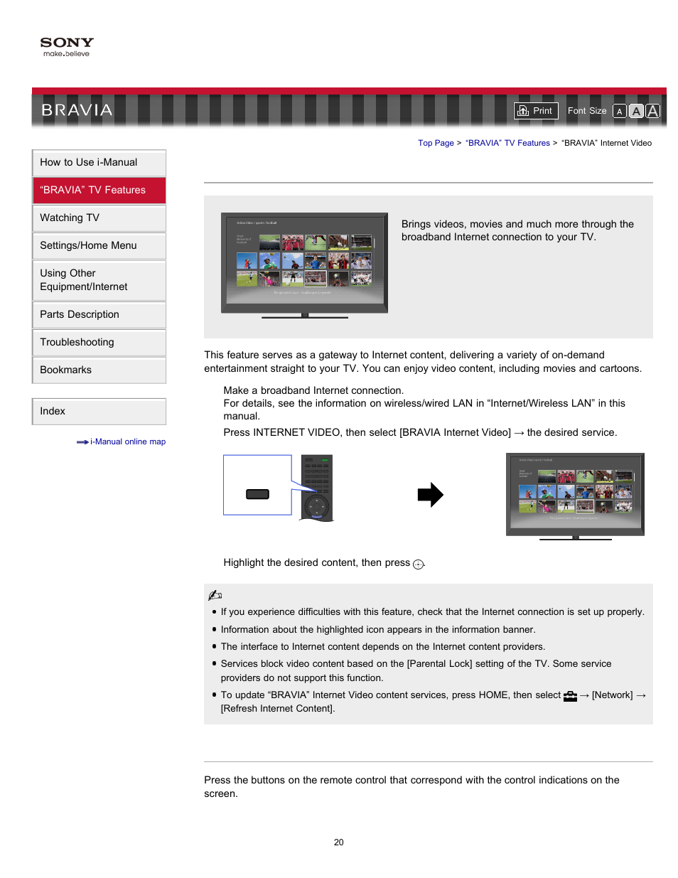 Bravia” internet video, Internet video | Sony 40EX621 User Manual | Page 20 / 158