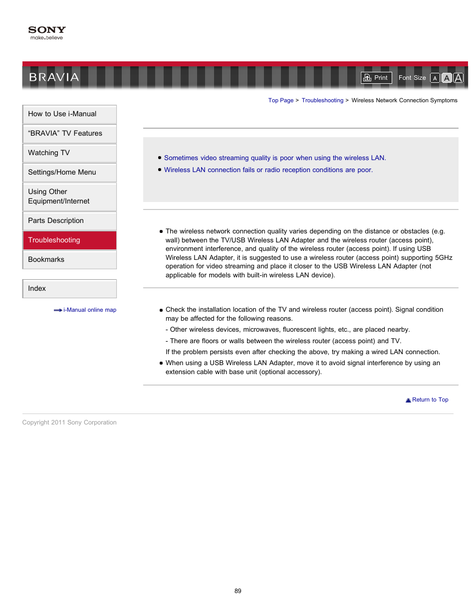 Wireless network connection symptoms | Sony 40EX621 User Manual | Page 89 / 158