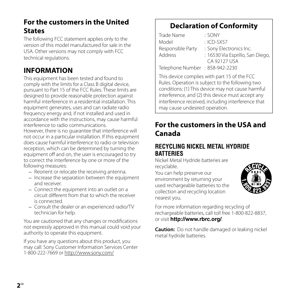 For the customers in the united states, Information, Declaration of conformity | For the customers in the usa and canada | Sony ICD-SX77 User Manual | Page 2 / 92