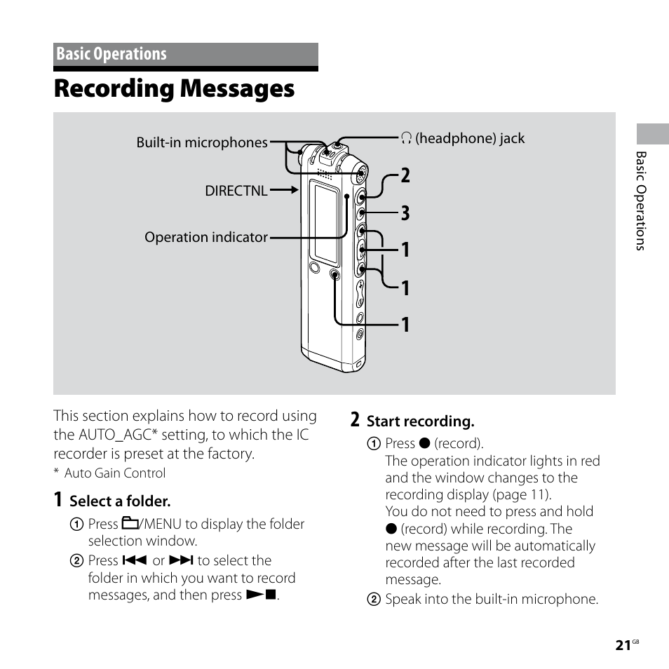 Basic operations, Recording messages | Sony ICD-SX77 User Manual | Page 21 / 92