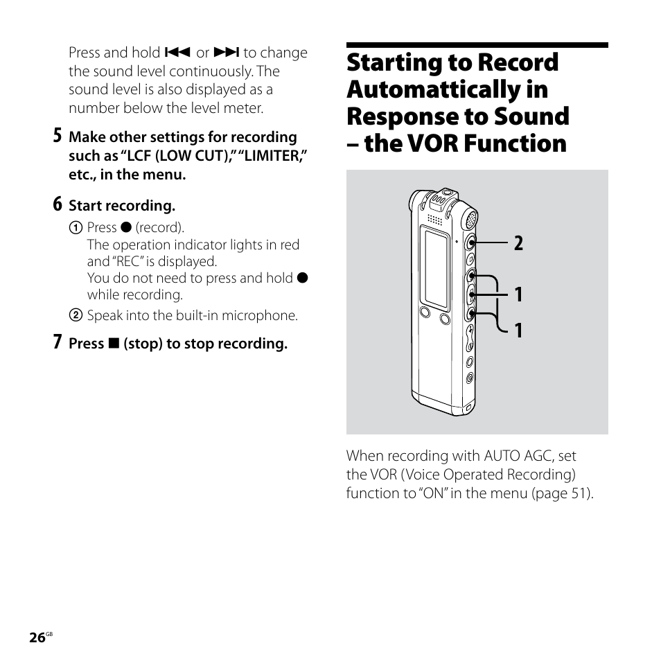 Starting to record automattically, In response to sound, The vor function | Sony ICD-SX77 User Manual | Page 26 / 92