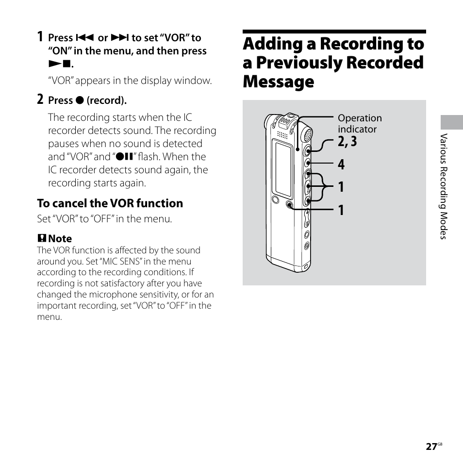 Adding a recording to a previously, Recorded message | Sony ICD-SX77 User Manual | Page 27 / 92