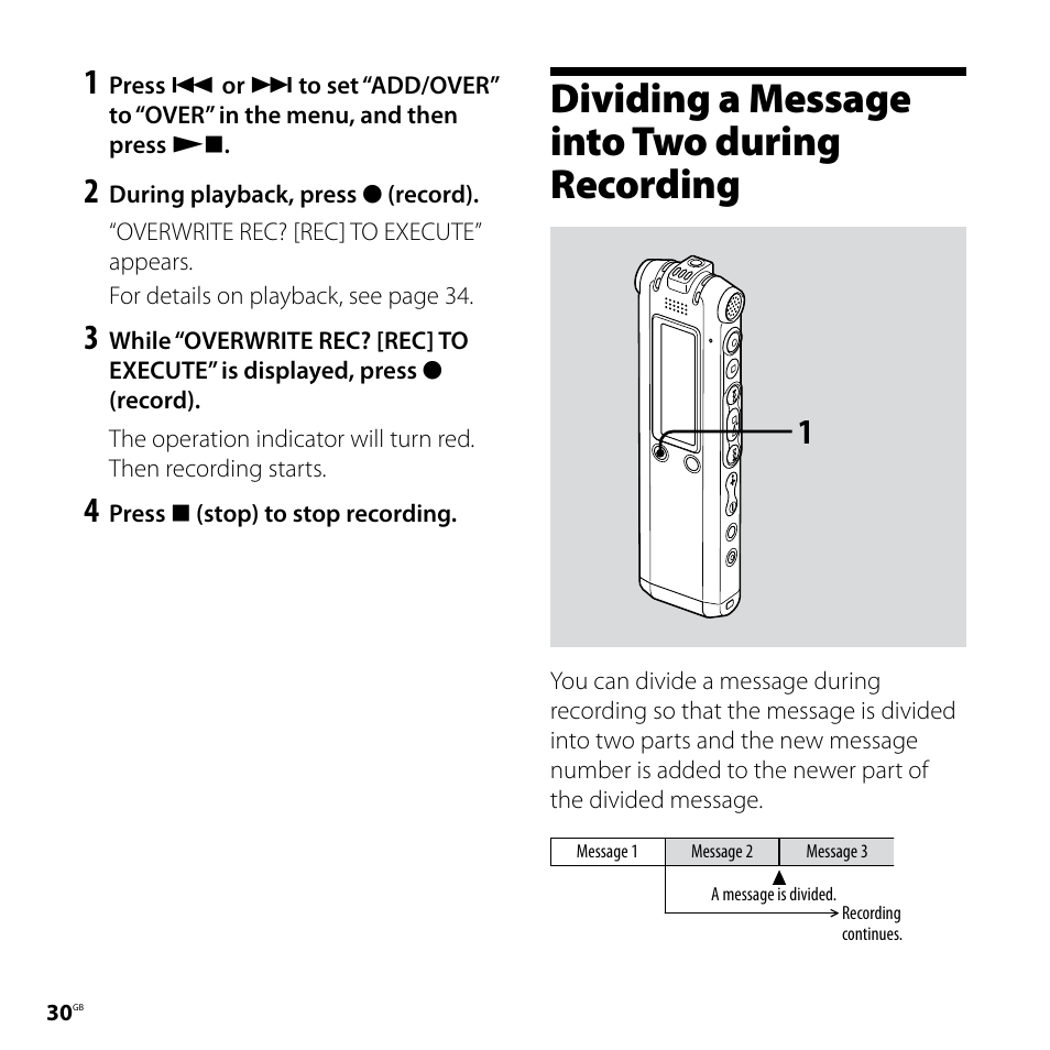 Dividing a message into two during recording, Dividing a message into two, During recording | Sony ICD-SX77 User Manual | Page 30 / 92