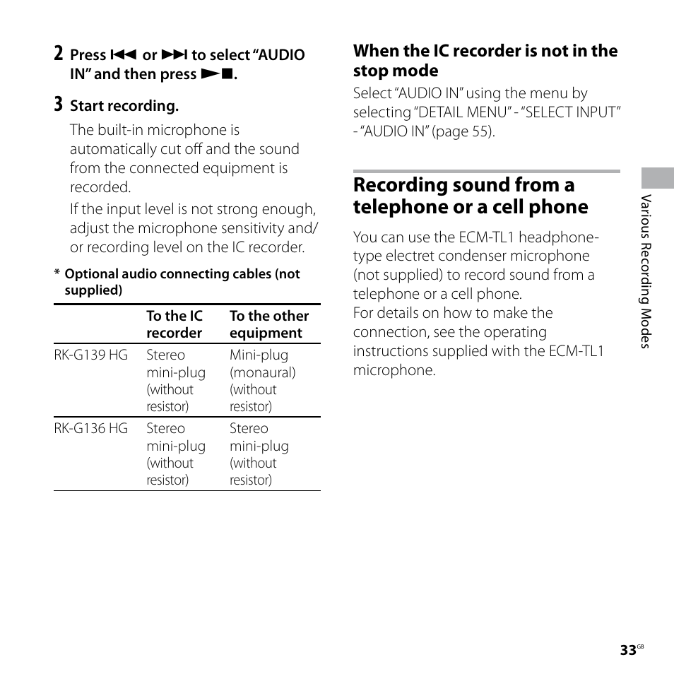 Recording sound from a telephone or a cell phone, Recording sound from a, Telephone or a cell phone | When the ic recorder is not in the stop mode | Sony ICD-SX77 User Manual | Page 33 / 92