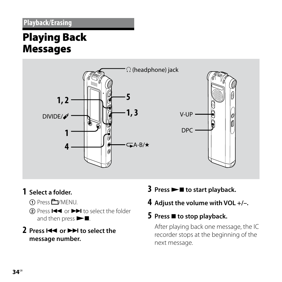 Playback/erasing, Playing back messages | Sony ICD-SX77 User Manual | Page 34 / 92