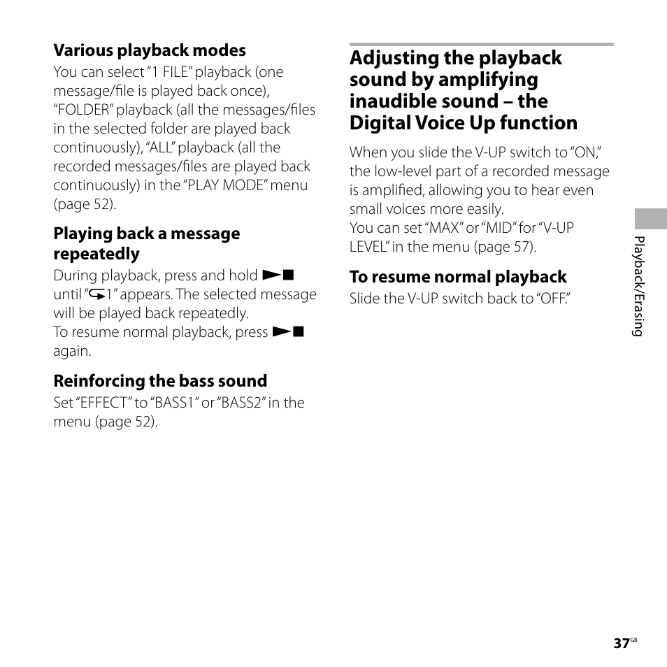 Adjusting the playback sound, By amplifying inaudible sound, The digital voice up function | Sony ICD-SX77 User Manual | Page 37 / 92