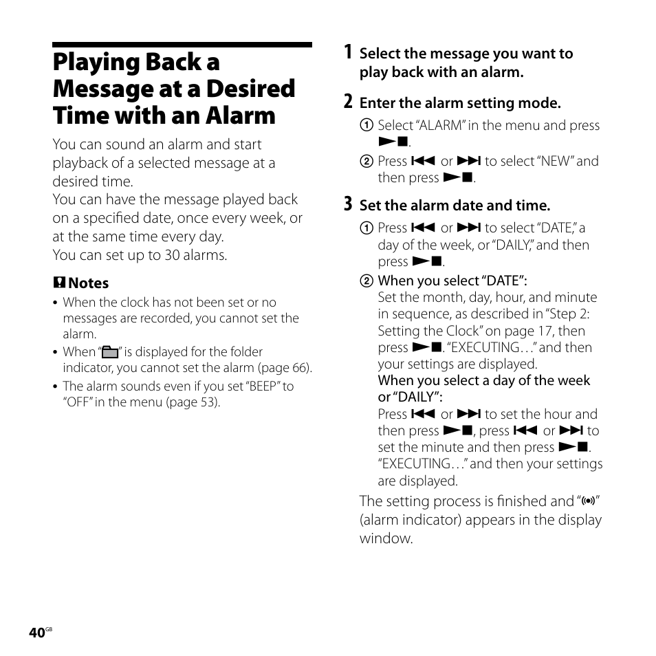 Playing back a message at a desired, Time with an alarm | Sony ICD-SX77 User Manual | Page 40 / 92