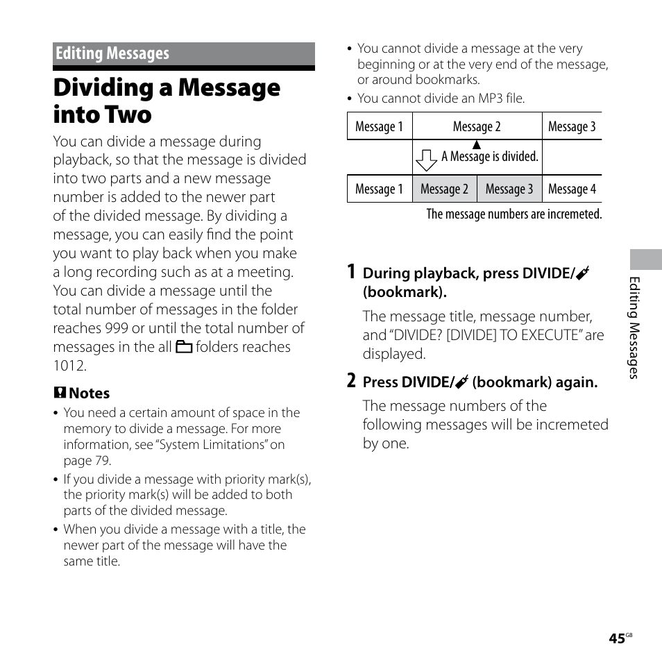 Editing messages, Dividing a message into two | Sony ICD-SX77 User Manual | Page 45 / 92