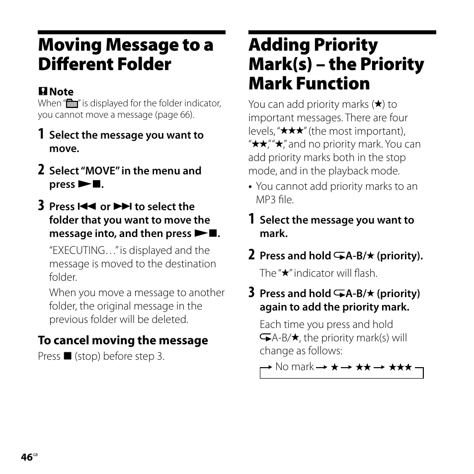 Moving message to a different folder, Moving message to a different, Folder adding priority mark(s) | The priority mark function | Sony ICD-SX77 User Manual | Page 46 / 92