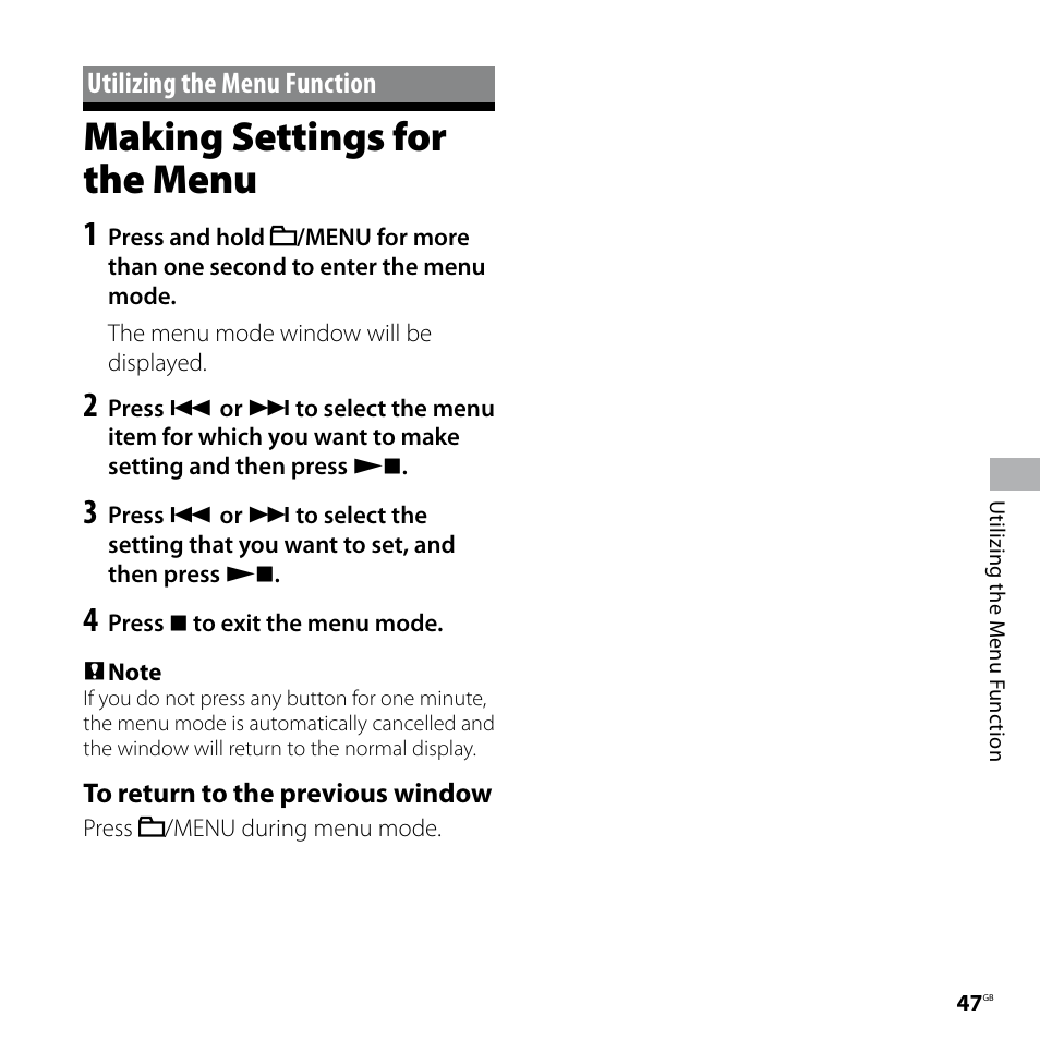 Utilizing the menu function, Making settings for the menu | Sony ICD-SX77 User Manual | Page 47 / 92