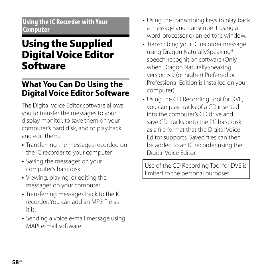 Using the ic recorder with your computer, Using the supplied digital voice editor software, Using the ic recorder with | Your computer, Using the supplied digital voice, Editor software, What you can do using the, Digital voice editor software | Sony ICD-SX77 User Manual | Page 58 / 92