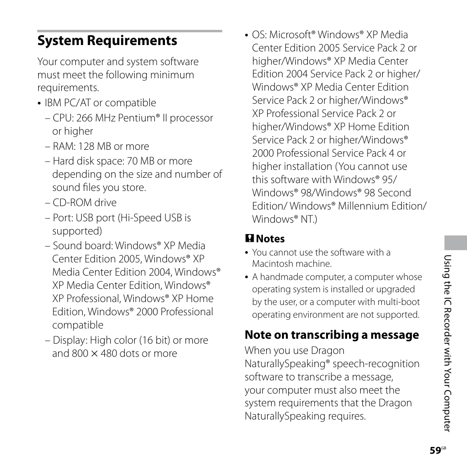 System requirements | Sony ICD-SX77 User Manual | Page 59 / 92