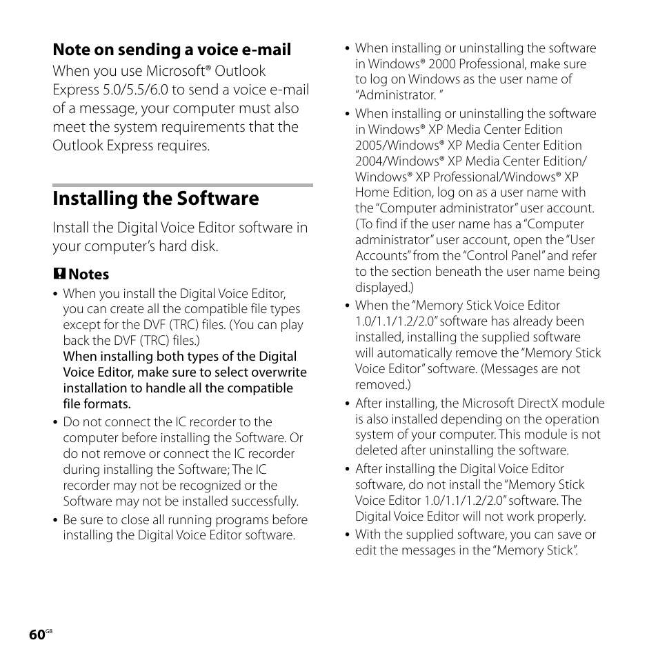 Installing the software | Sony ICD-SX77 User Manual | Page 60 / 92