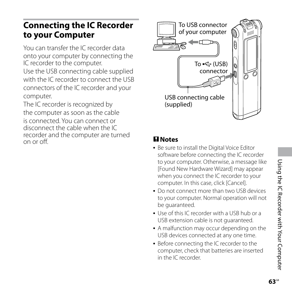 Connecting the ic recorder to your computer, Connecting the ic recorder to, Your computer | Sony ICD-SX77 User Manual | Page 63 / 92