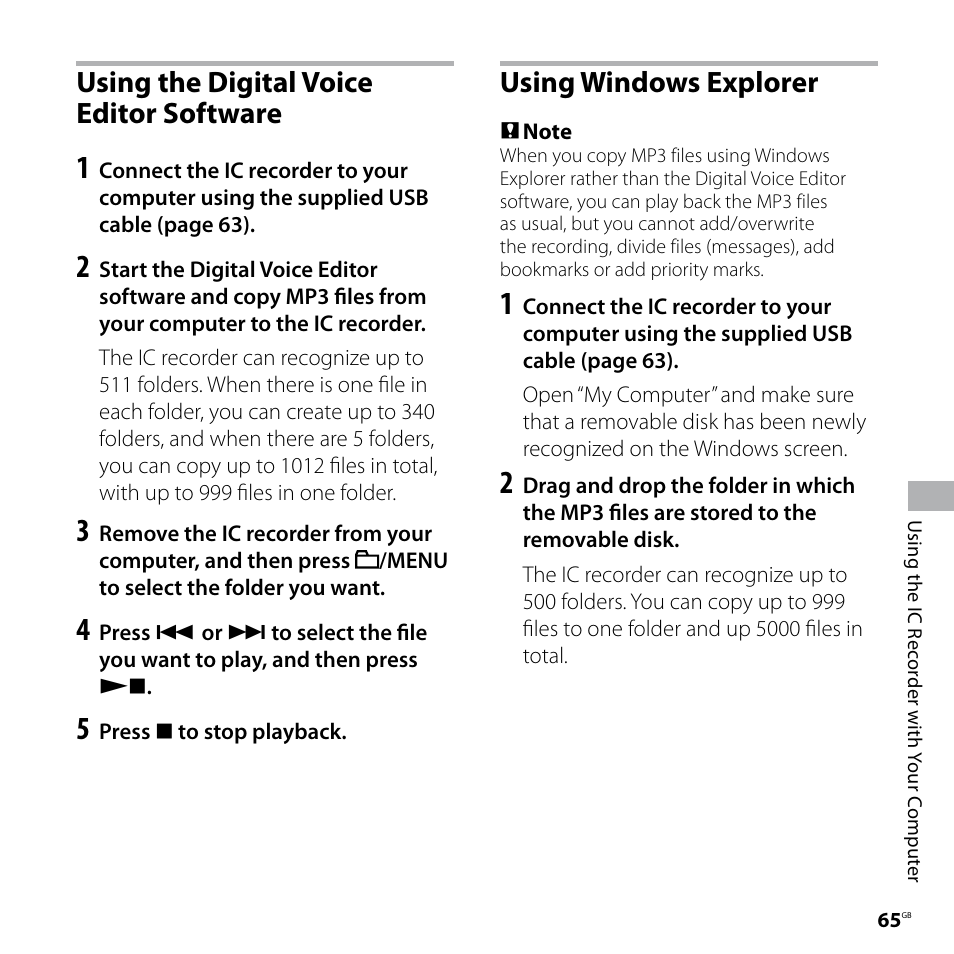 Using the digital voice editor software, Using windows explorer, Using the digital voice editor | Software using windows explorer | Sony ICD-SX77 User Manual | Page 65 / 92