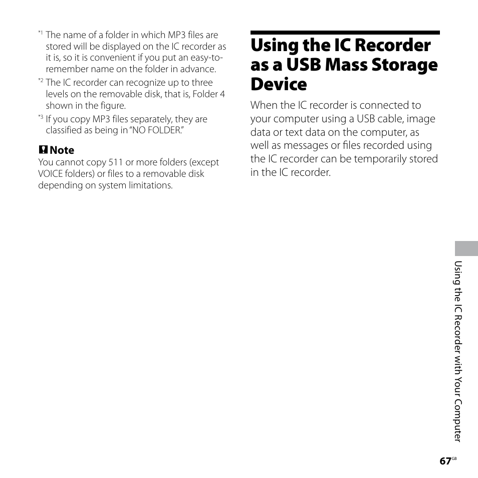 Using the ic recorder as a usb mass storage device, Using the ic recorder as a usb mass, Storage device | Sony ICD-SX77 User Manual | Page 67 / 92