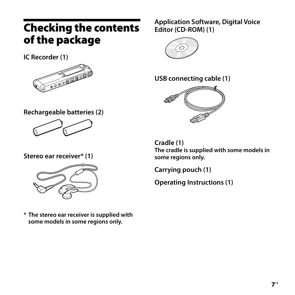 Checking the contents of the package, Checking the contents of the, Package | Sony ICD-SX77 User Manual | Page 7 / 92