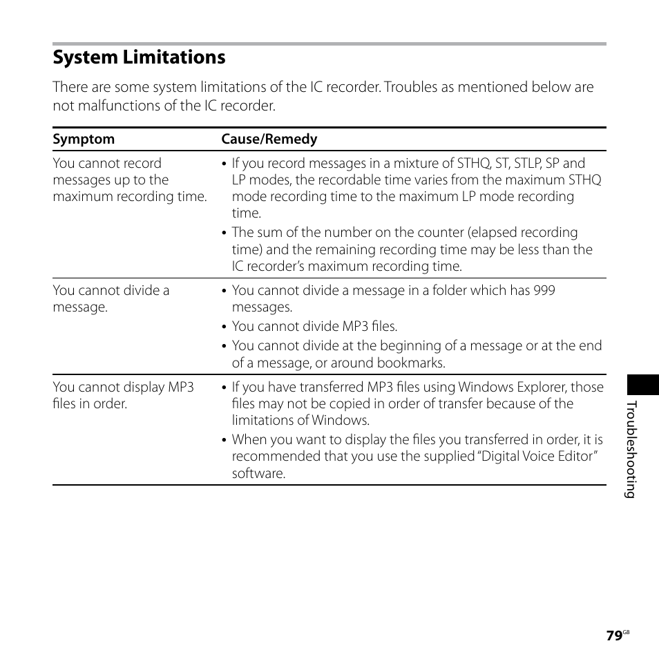 System limitations | Sony ICD-SX77 User Manual | Page 79 / 92