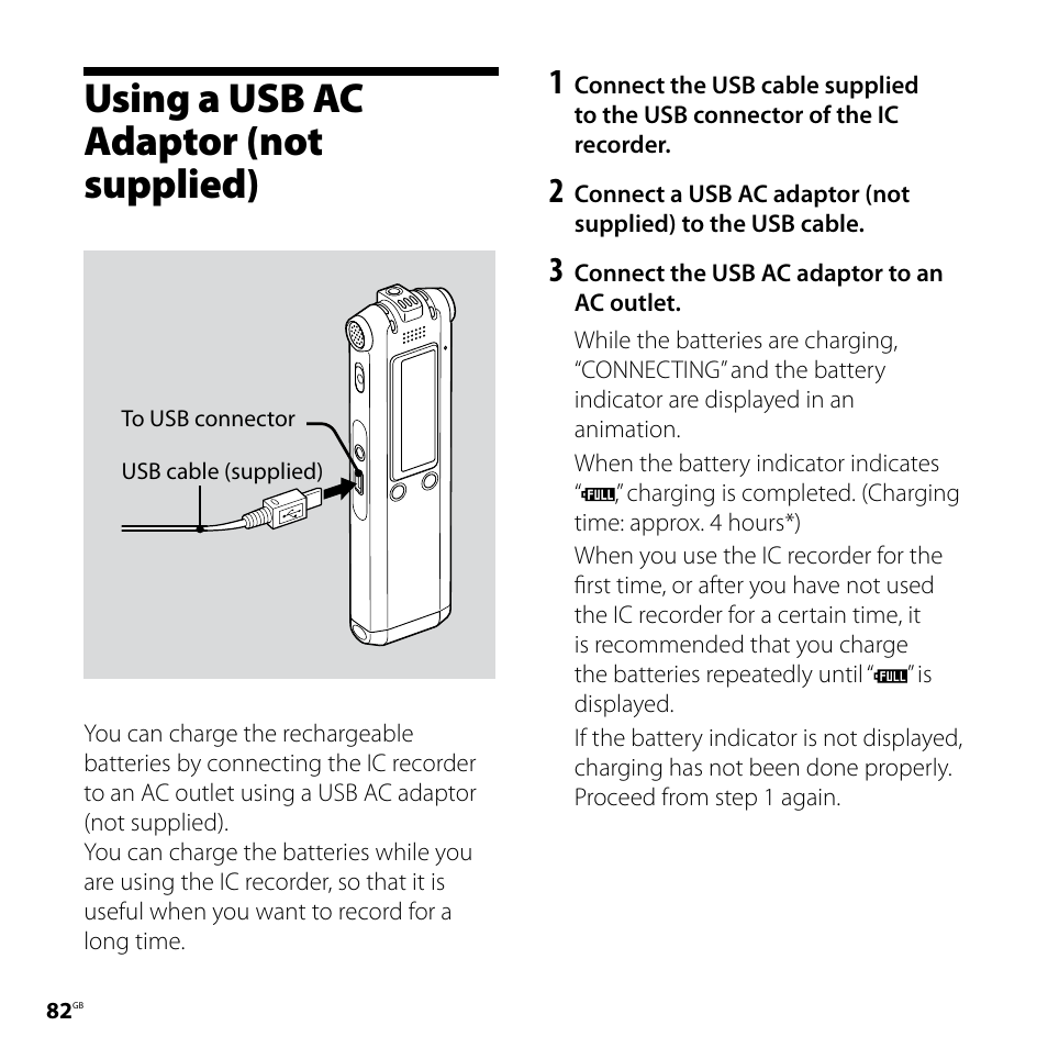 Using a usb ac adaptor (not supplied), Using a usb ac adaptor, Not supplied) | Sony ICD-SX77 User Manual | Page 82 / 92