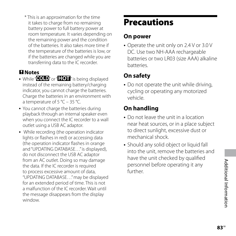 Precautions, On power, On safety | On handling | Sony ICD-SX77 User Manual | Page 83 / 92