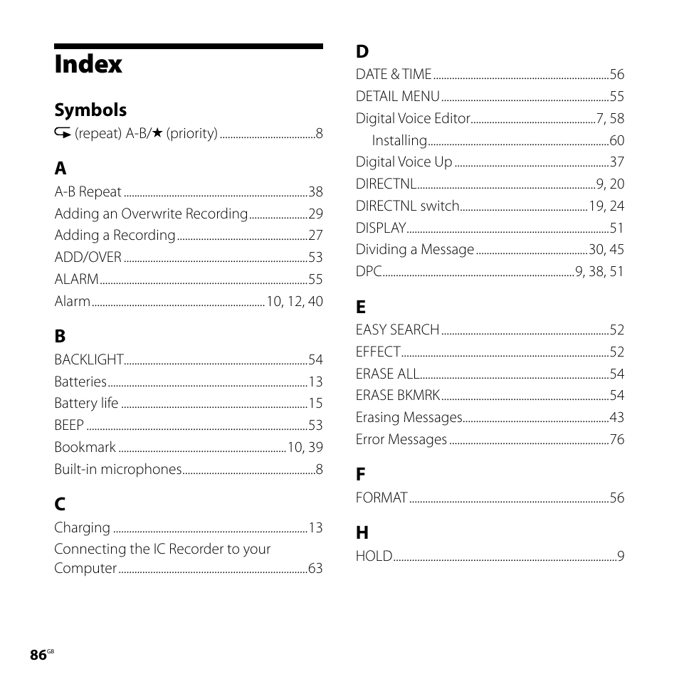 Index | Sony ICD-SX77 User Manual | Page 86 / 92