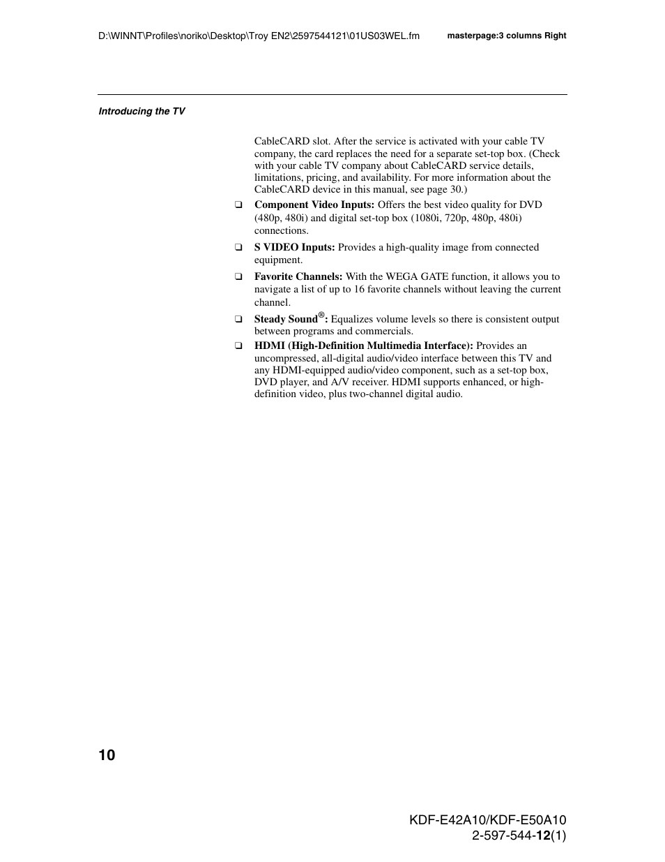 Sony KDF-E42A10 User Manual | Page 10 / 100