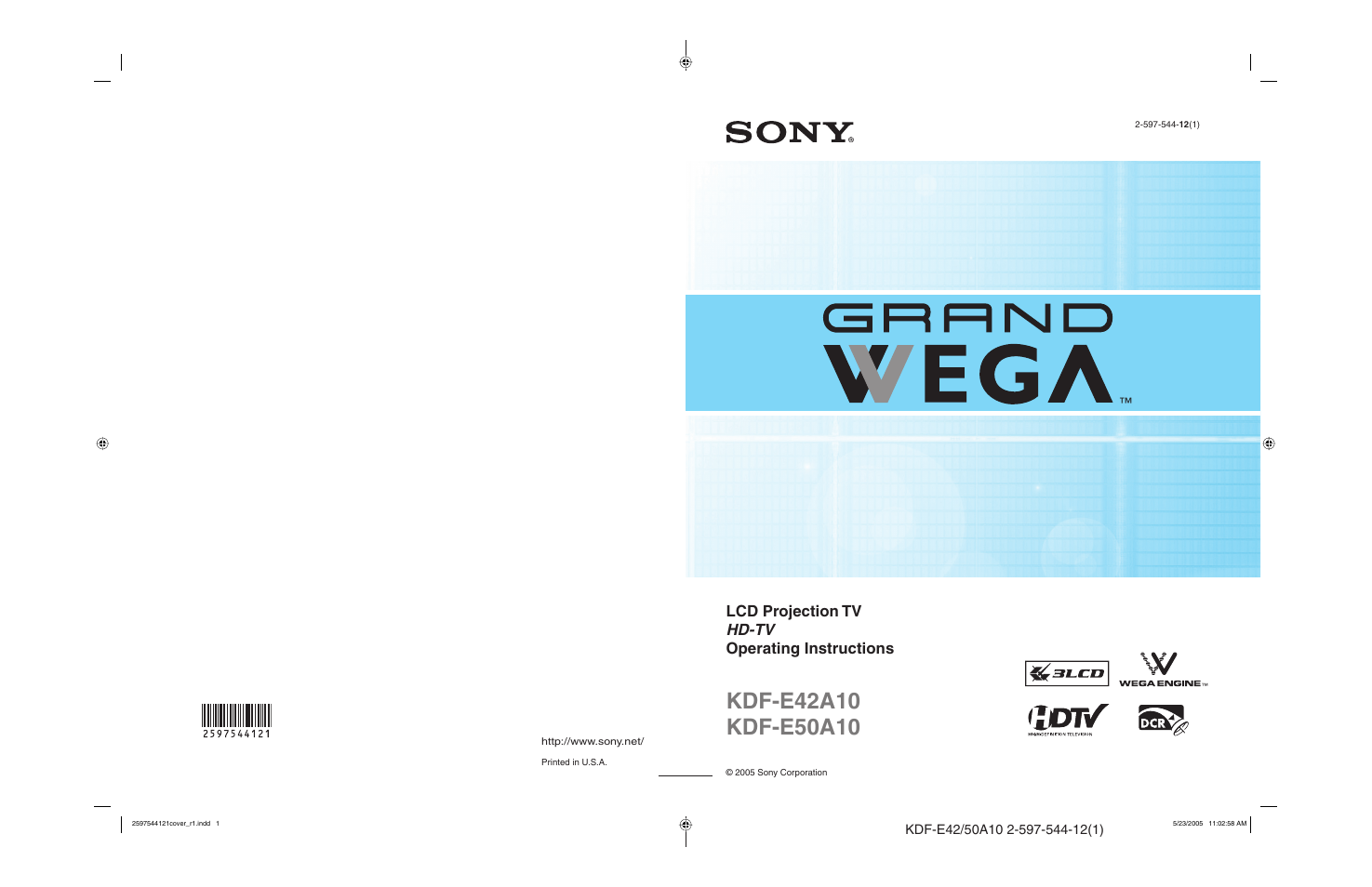 Lcd projection tv hd-tv operating instructions | Sony KDF-E42A10 User Manual | Page 100 / 100