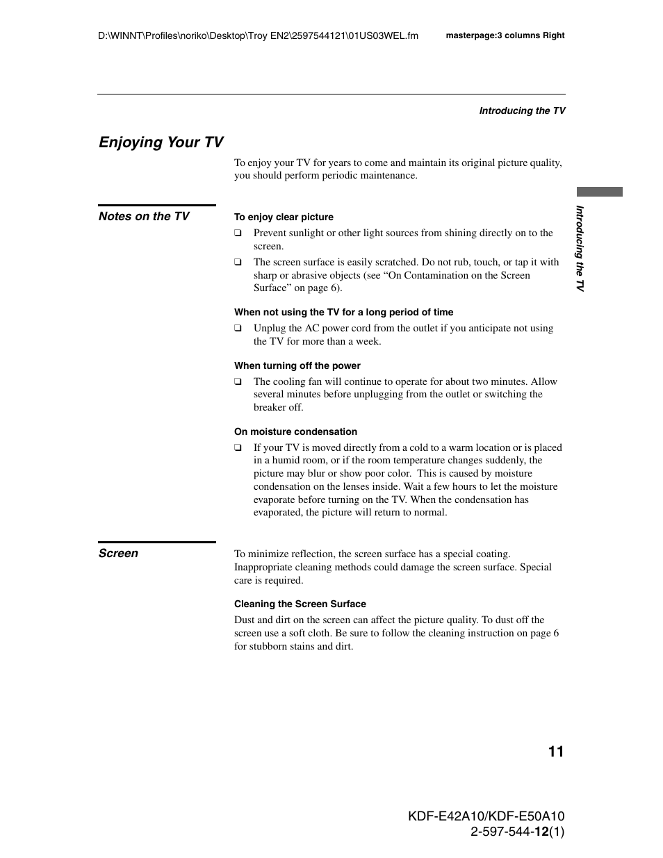 Enjoying your tv, Notes on the tv, Screen | Notes on the tv screen | Sony KDF-E42A10 User Manual | Page 11 / 100