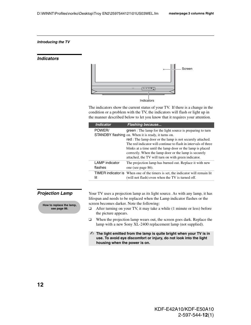 Indicators, Projection lamp, Indicators projection lamp | Sony KDF-E42A10 User Manual | Page 12 / 100