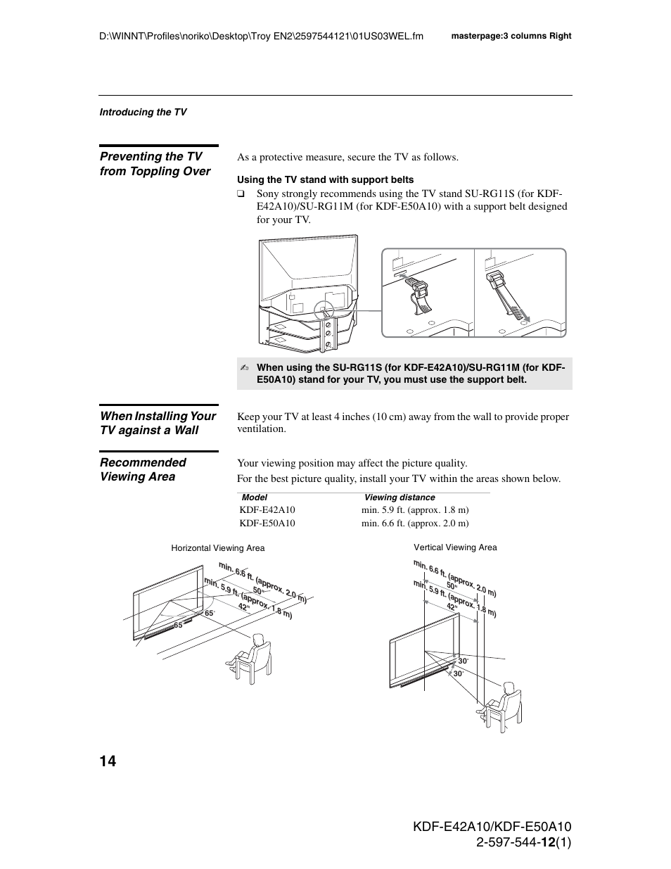 Preventing the tv from toppling over, When installing your tv against a wall, Recommended viewing area | Sony KDF-E42A10 User Manual | Page 14 / 100