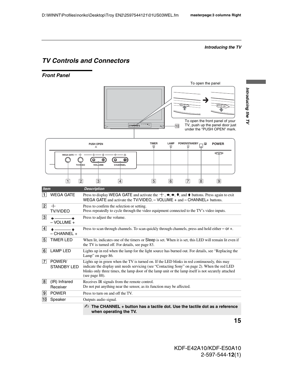 Tv controls and connectors, Front panel | Sony KDF-E42A10 User Manual | Page 15 / 100