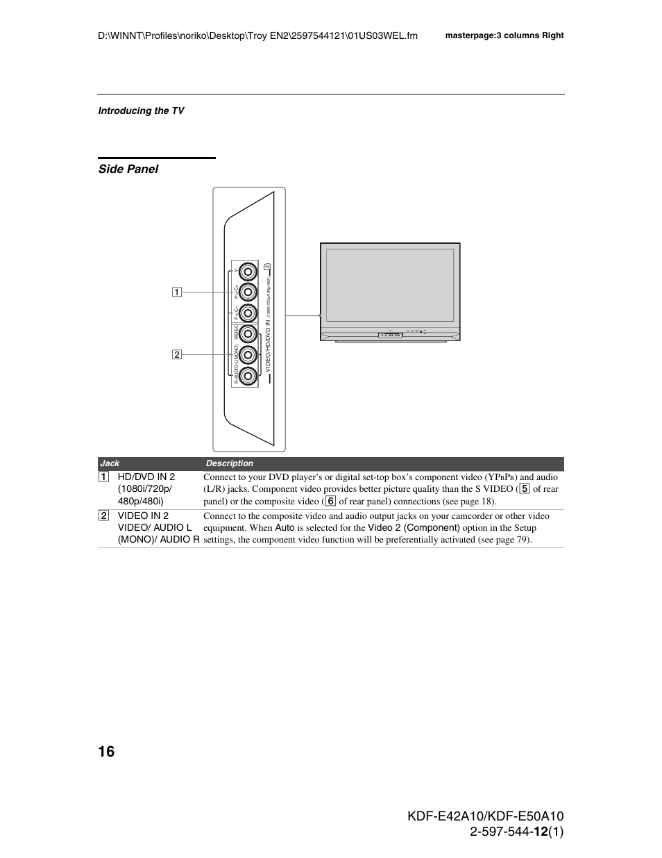 Side panel | Sony KDF-E42A10 User Manual | Page 16 / 100