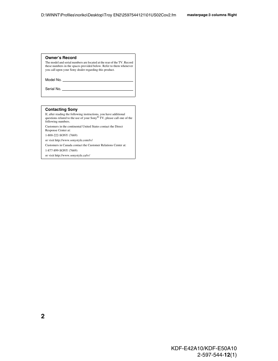 Sony KDF-E42A10 User Manual | Page 2 / 100