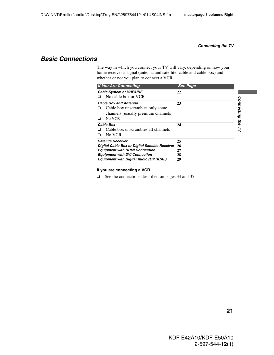 Basic connections | Sony KDF-E42A10 User Manual | Page 21 / 100