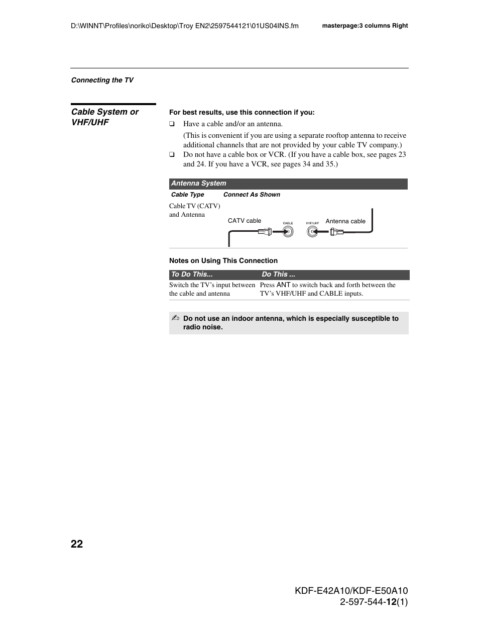 Cable system or vhf/uhf | Sony KDF-E42A10 User Manual | Page 22 / 100