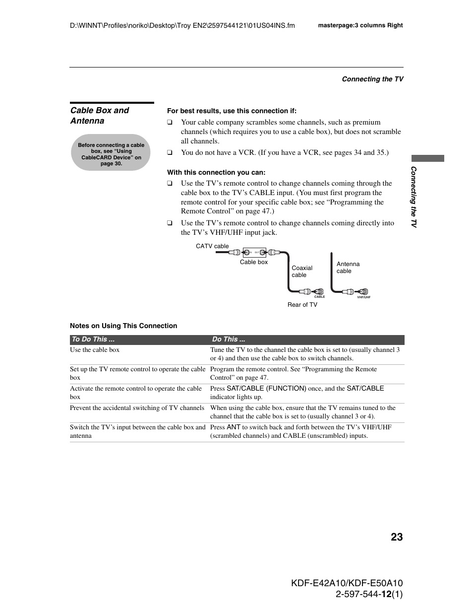 Cable box and antenna | Sony KDF-E42A10 User Manual | Page 23 / 100