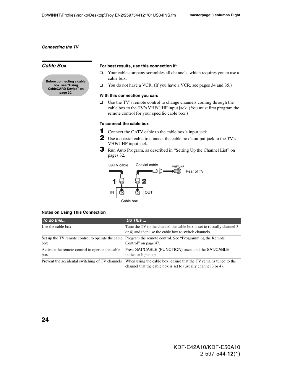 Cable box, D 24 | Sony KDF-E42A10 User Manual | Page 24 / 100