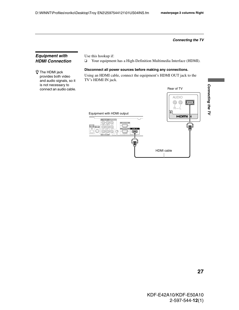 Equipment with hdmi connection | Sony KDF-E42A10 User Manual | Page 27 / 100