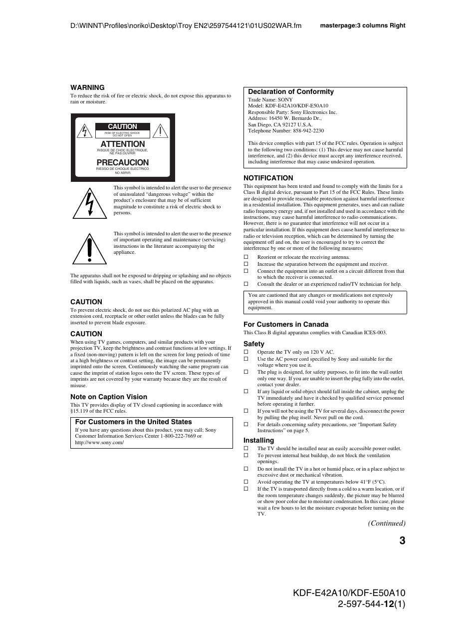 Attention, Precaucion, Continued) | Sony KDF-E42A10 User Manual | Page 3 / 100