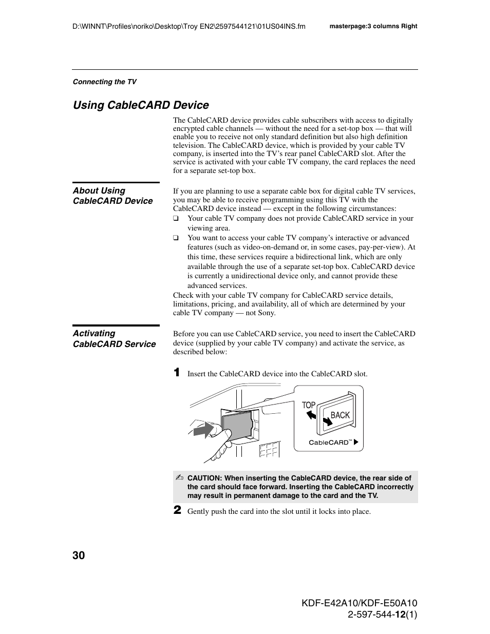 Using cablecard device, About using cablecard device, Activating cablecard service | See “using, Cablecard device” on | Sony KDF-E42A10 User Manual | Page 30 / 100