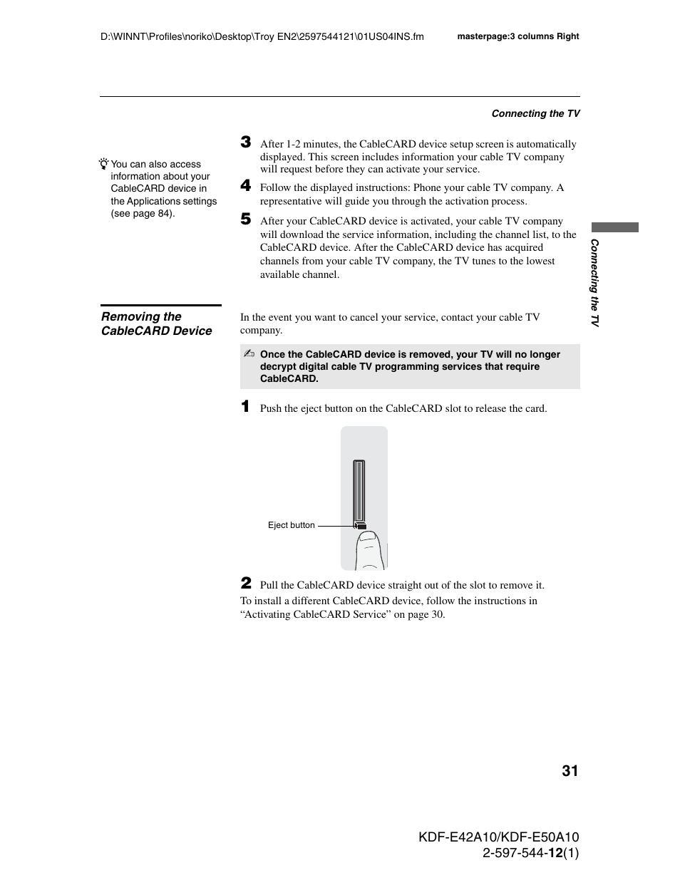 Removing the cablecard device | Sony KDF-E42A10 User Manual | Page 31 / 100