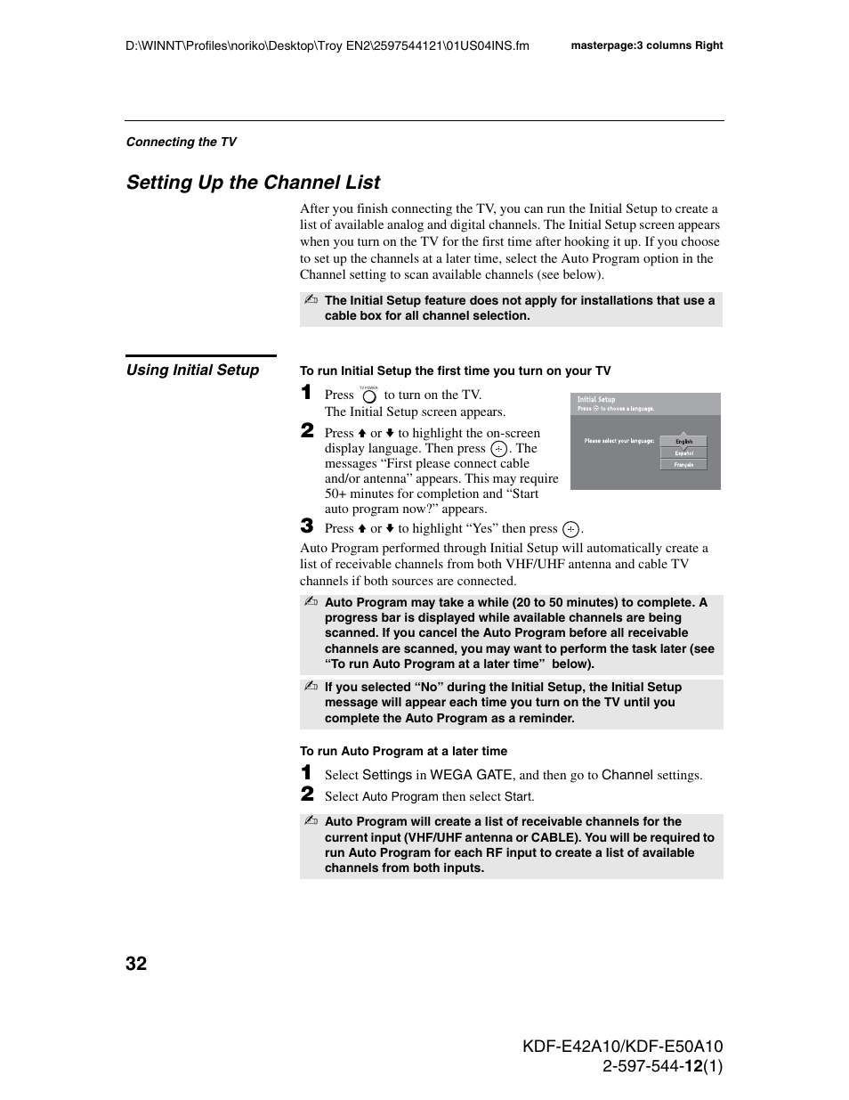 Setting up the channel list, Using initial setup | Sony KDF-E42A10 User Manual | Page 32 / 100