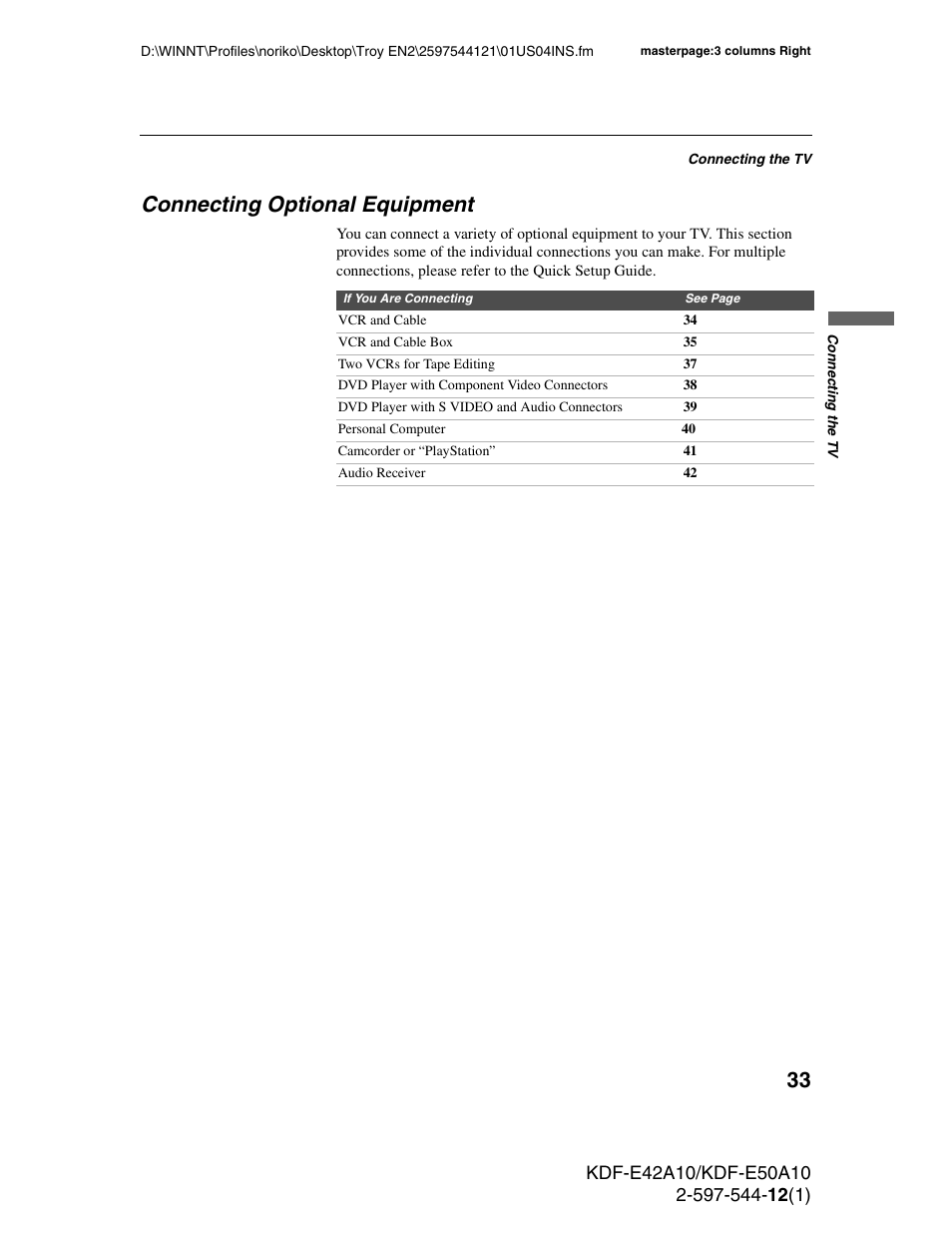 Connecting optional equipment | Sony KDF-E42A10 User Manual | Page 33 / 100