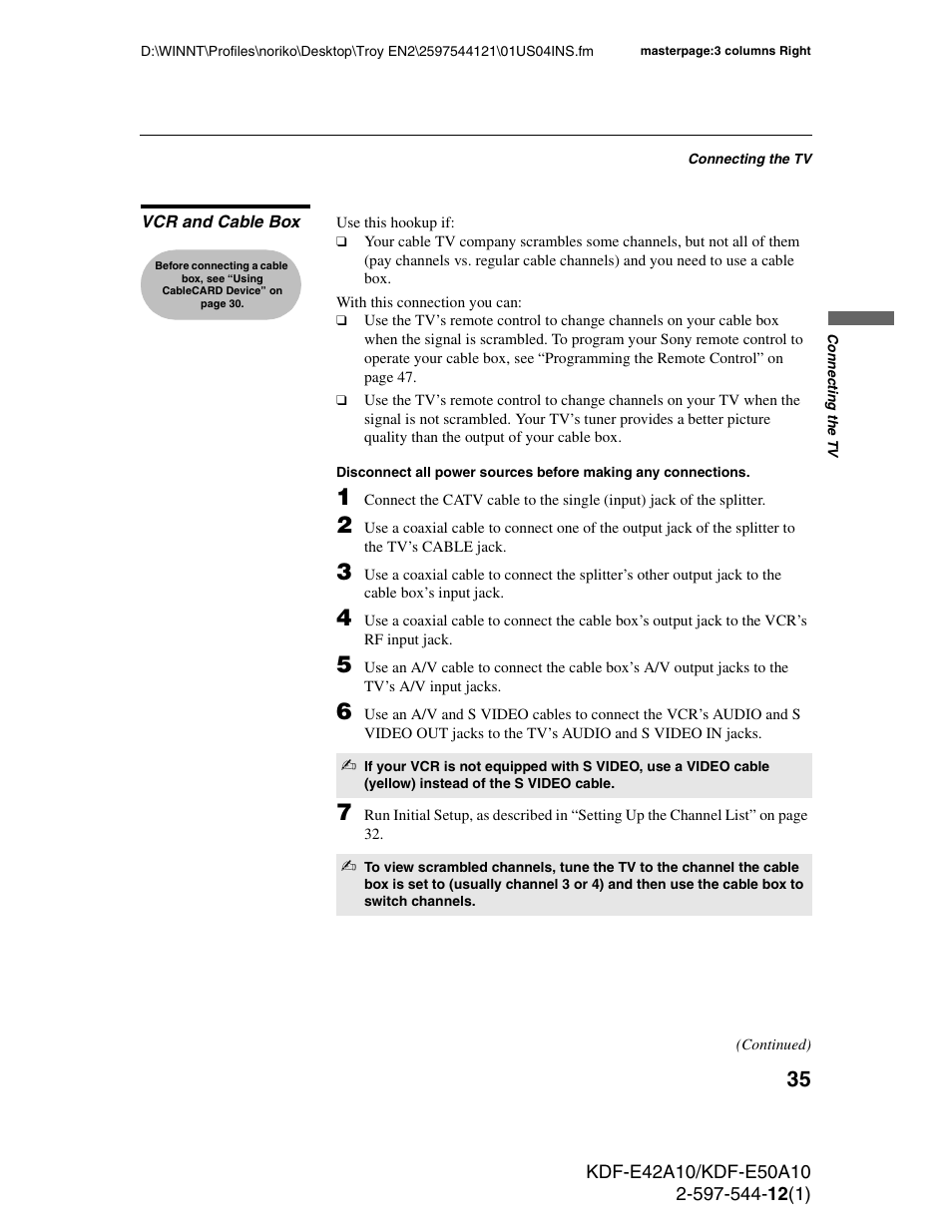 Vcr and cable box, D 35 | Sony KDF-E42A10 User Manual | Page 35 / 100