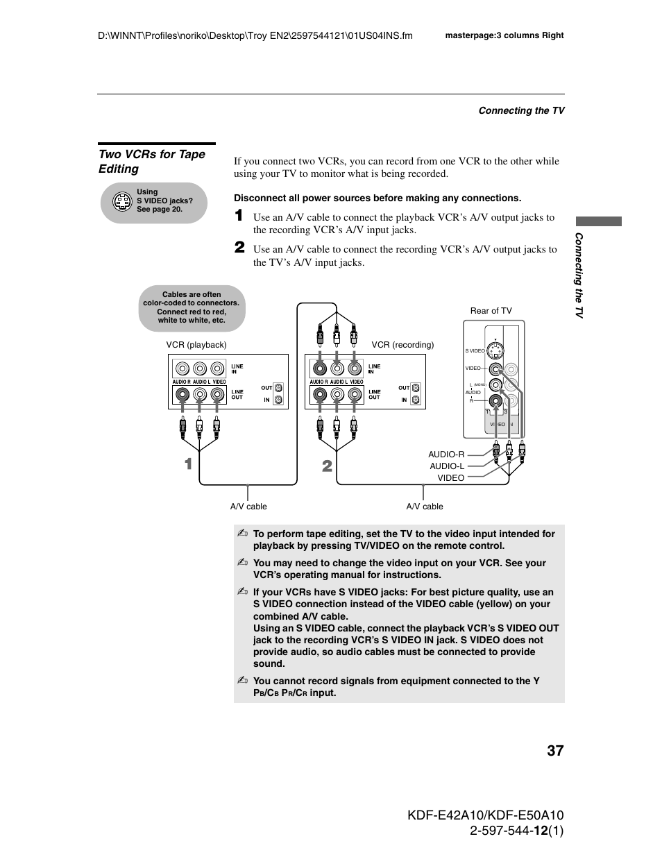 Two vcrs for tape editing | Sony KDF-E42A10 User Manual | Page 37 / 100