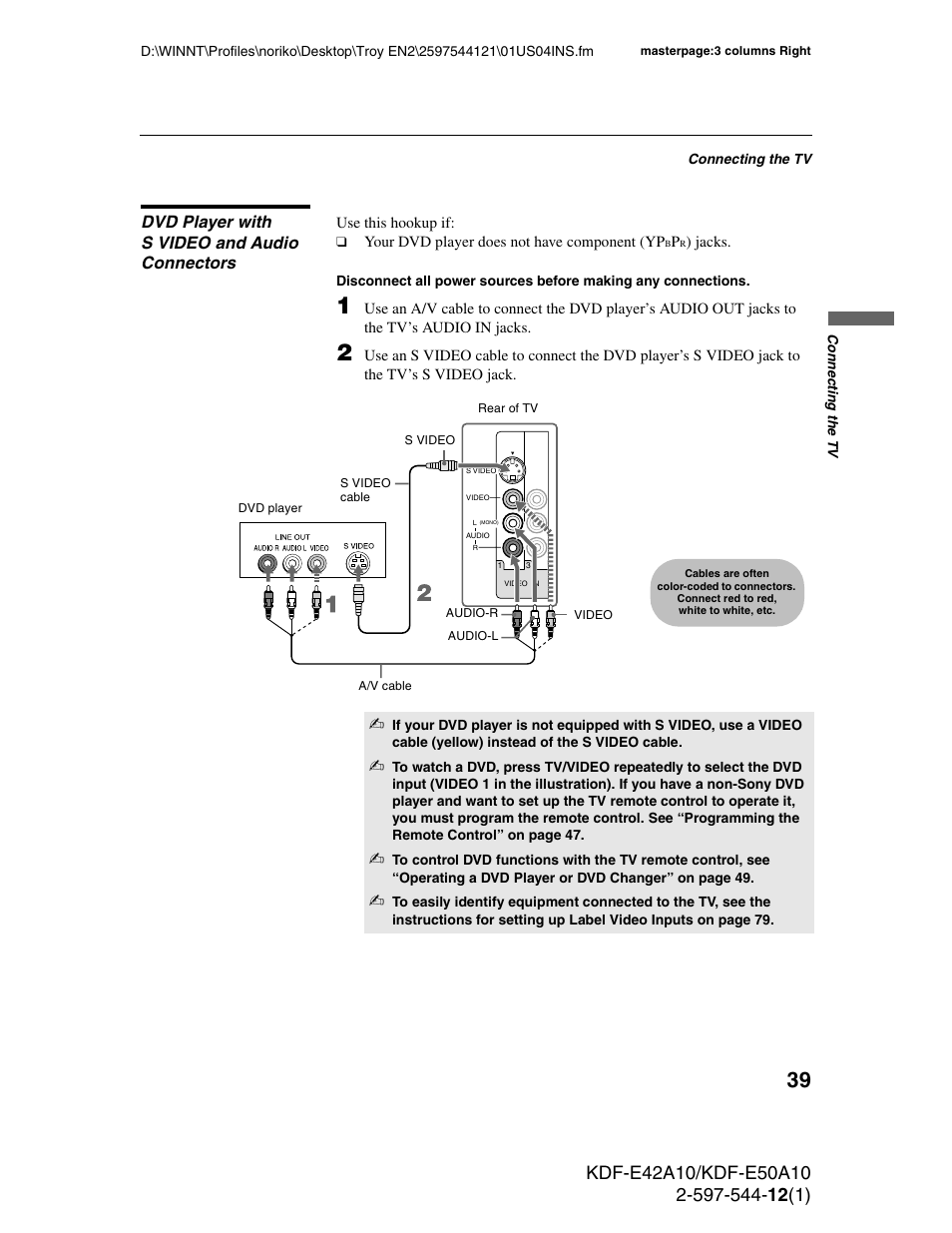Dvd player with s video and audio connectors | Sony KDF-E42A10 User Manual | Page 39 / 100