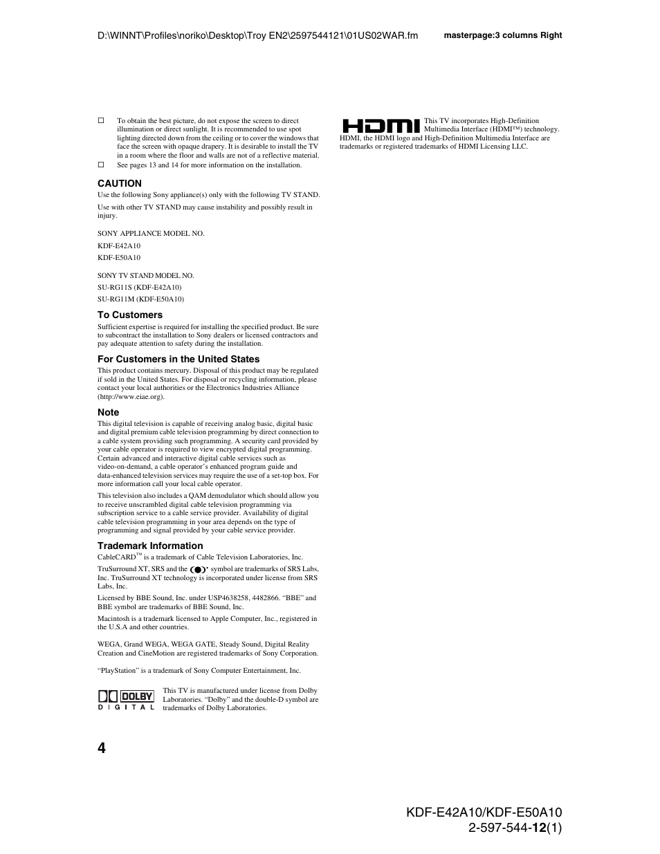 Sony KDF-E42A10 User Manual | Page 4 / 100