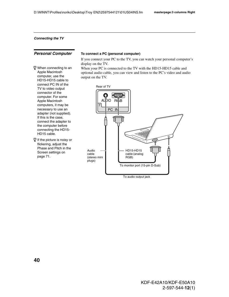 Personal computer | Sony KDF-E42A10 User Manual | Page 40 / 100